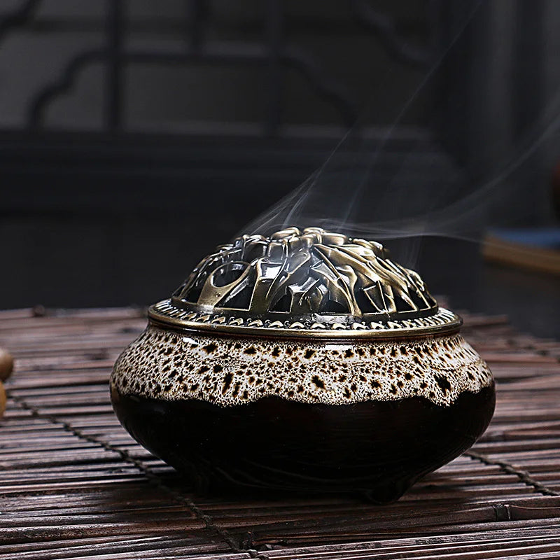 Ceramic Coil Incense Burner with Antique Copper Filigree Lid