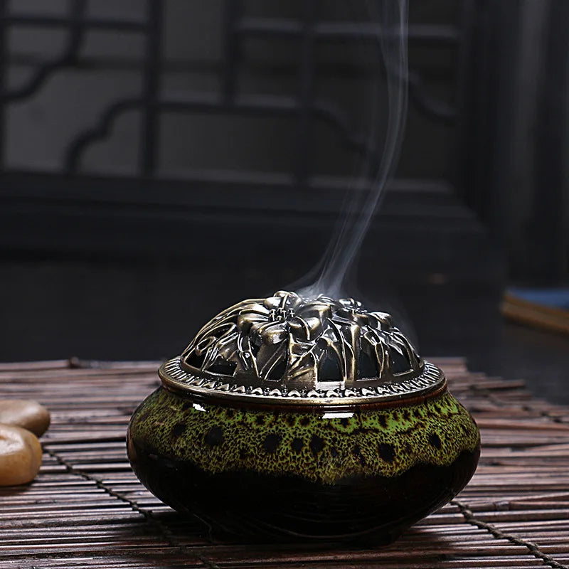 Ceramic Coil Incense Burner with Antique Copper Filigree Lid