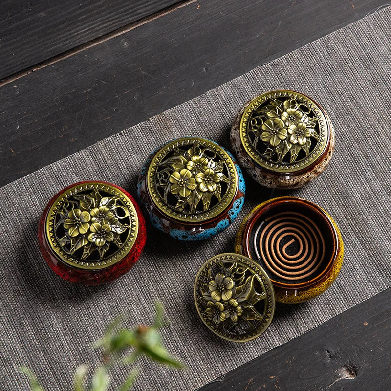 Ceramic Coil Incense Burner with Antique Copper Filigree Lid