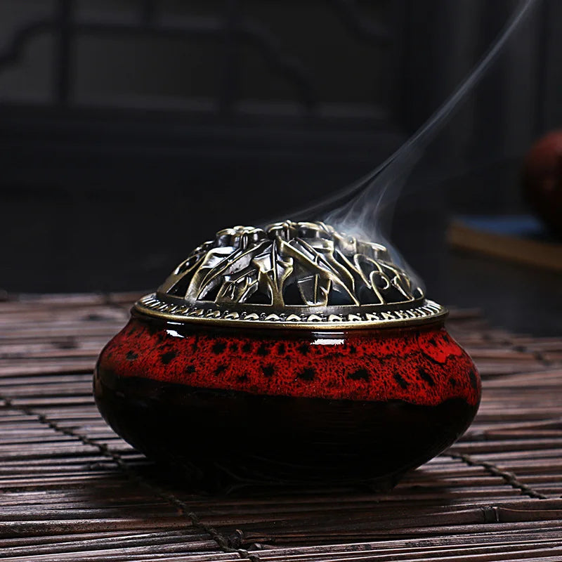 Ceramic Coil Incense Burner with Antique Copper Filigree Lid