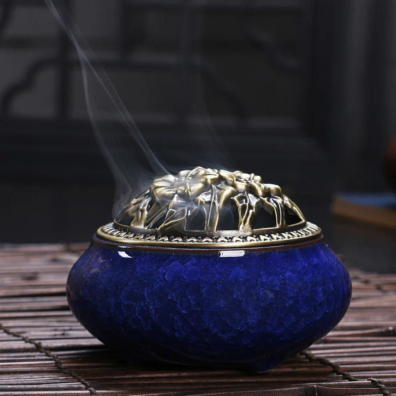 Ceramic Coil Incense Burner with Antique Copper Filigree Lid