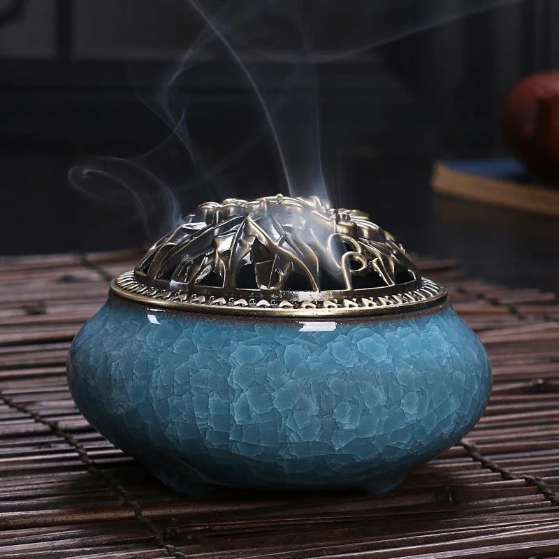 Ceramic Coil Incense Burner with Antique Copper Filigree Lid