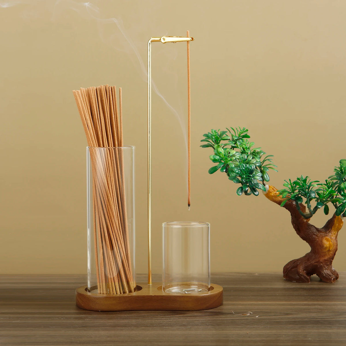 2-in-1 Incense Stick Holder with Wood Base & Ash Catcher