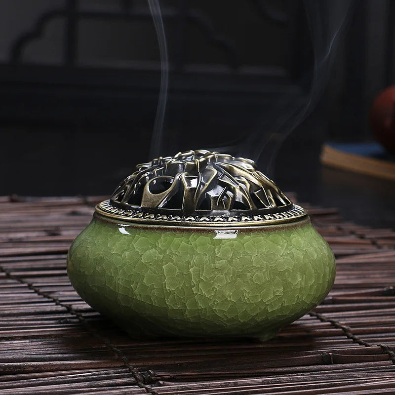 Ceramic Coil Incense Burner with Antique Copper Filigree Lid